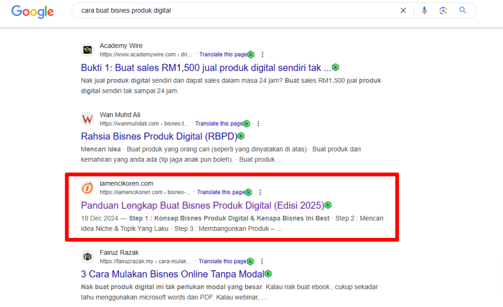 screenshot artikel SEO cara buat bisnes produk digital